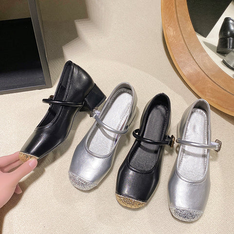 Sonicelife Bling Mixed Color Ballet Shoes Flat with Round Toe Buckle Strap Black Silvery Shallow Mary Jane Shoes Summer Elegant Dress Shoes