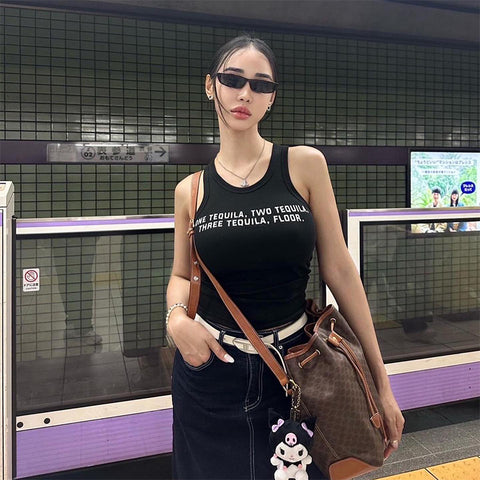 Sonicelife Y2K Streetwear Fashion Harajuku Grunge Punk Hip Hop Rock vintage Women's Crop Tops Sexy Slim Letter Print Black O-Neck Baby Tops