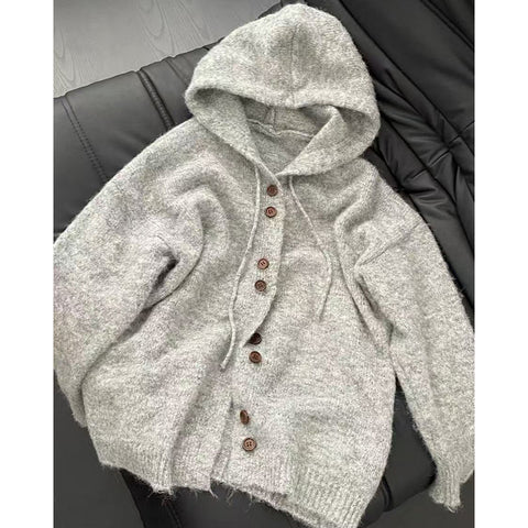 Black Friday Sonicelife Hooded Sweater Women Fall Winter Loose Lazy Knitted Cardigan Fashion Casual Chic Button Solid Hip Hop Tops Female Jacket