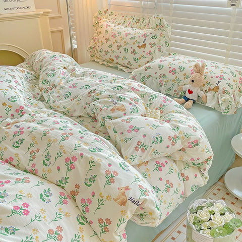 Sonicelife Ins Korean Style Duvet Cover Set with Flat Sheet Pillowcase No filler Washed Cotton Queen Full Twin Cute Floral Bedding Set