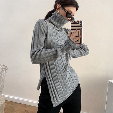 Black Friday Sonicelife Zoki Autumn Warm Turtleneck Knit Sweater Women Fashion Split Irregular Slim Chic Pullover Korean Thick Solid All Match Jumpers