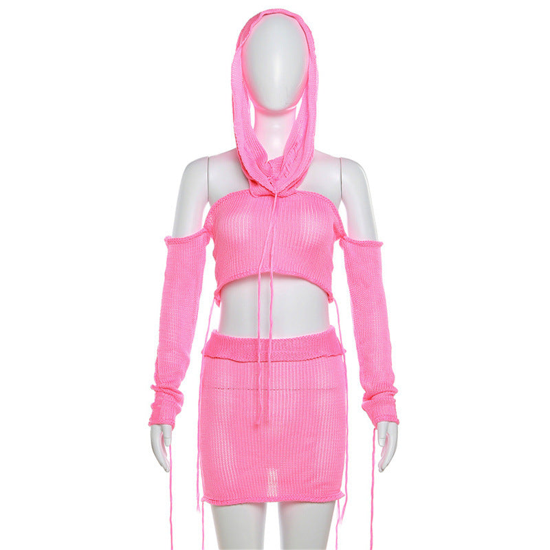 Sonicelife Pink Knitted 2 Piece Hooded Shirts Skirts Women Sets Crop Sweater Shirts Tops Mini Bandage Knit Skirts Cute Two Piece Outfits