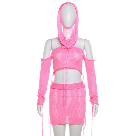 Sonicelife Pink Knitted 2 Piece Hooded Shirts Skirts Women Sets Crop Sweater Shirts Tops Mini Bandage Knit Skirts Cute Two Piece Outfits