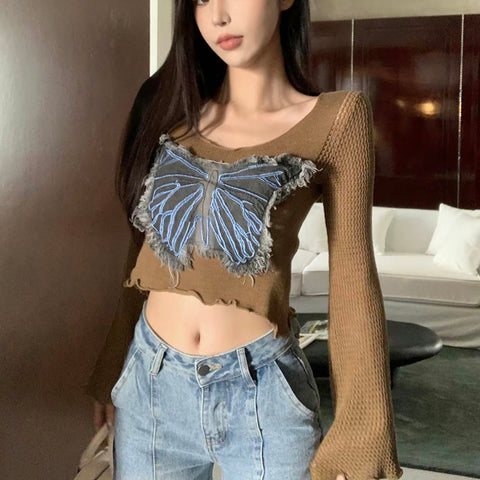 Black Friday Sonicelife Butterfly Denim Patchwork Sweater Women Jazz V-Neck Flare Sleeve Hollow Out Knitted Pullover Hot Slim Sexy Cropped Tops