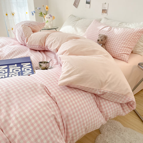 Sonicelife 2024 New Bedding Set Ins Nordic Style Pink Grid Washed Cotton 4 pcs Bed Sheet Set For Girls Duvet Cover and Pillowcase