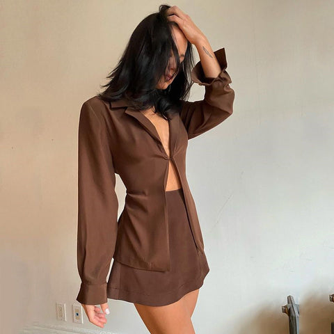 Sonicelife Buttoned Blouse High Waist Skirt Two Piece