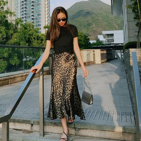 Sonicelife Ladies Leopard Print Women's Midi Skirt High Waist Stylish Long Skirts For Women Fall Vintage Satin Skirt Woman Elegant Skirts