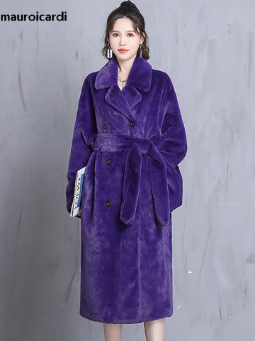 christmas outfit Sonicelife Winter Long Oversized Purple Warm Thick Fluffy  Faux Fur Coat Women Sashes Bat Sleeved Loose Casual Furry Overcoat