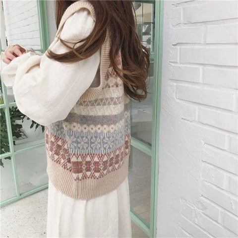 christmas outfit Sonicelife Women Sweater Vest Autumn Jacquard Embroidered V-neck Knitted Contrast Color Vest Women's Vest Sleeveless Sweater Pullover