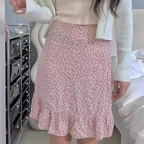 Sonicelife Sweet Pink Floral Mini-Skirt Femme Summer Elegant Fashion Streetwear Ruffle Holiday Skirt Women High Waist Faldas Y2K Vintage