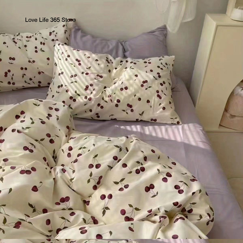 Sonicelife Ins Cherry Bedding Set Twin Full Queen King Size Purple Bed Linen Girls Adults Bed Flat Sheet Pillowcase Comforter Duvet Cover