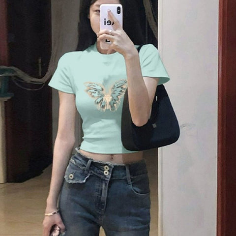 Sonicelife Y2k Summer T shirts Cropped Tops Women Clothes Vintage 90s Short Sleeve Sexy O-Neck Punk Streetwewar Tee Goth Femme T shirt Top