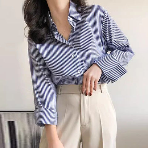 Sonicelife Chic Korean Striped Women Shirts Fall Long Sleeve Office Ladies Shirt Blue Elegant Button Up Female Tops New