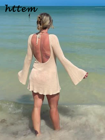 Sonicelife Sexy Knit Backless Beach Mini Dress Women Lace Up O-neck Long Flare Sleeve Vacation Dresses 2024 Summer Autumn Lady Solid Robes