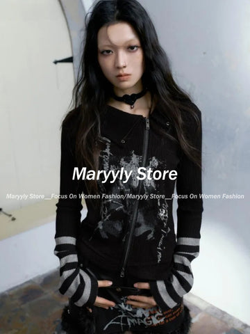 Sonicelife Gothic Harajuku Print Zipper Cardigan T-shirt Women Vintage Slim Grunge Fashion Patchwork Top Women Y2k Aesthetic Streetwear Tee
