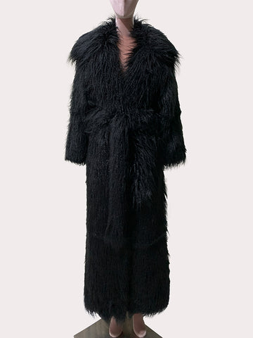 christmas outfit Sonicelife Winter Extra Long Black Thick Warm Shaggy Fluffy Fuzzy Faux Fur Coat Women Sashes Luxury Elegant Maxi Furry Overcoat