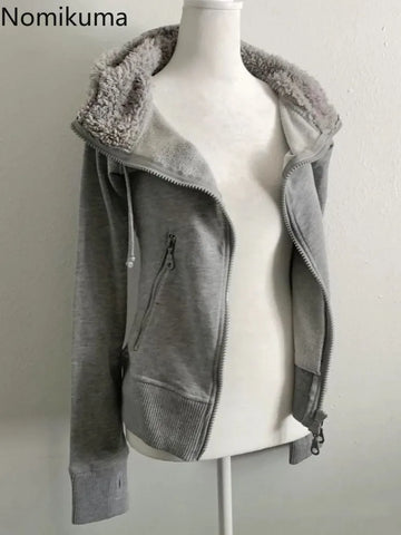 Sonicelife Grey Lamb Wool Double Zipper Hoodies Women's Clothes Slim Waist Hooded Vintage Y2k Coats Ropa Mujer Casual Fashion Sweatshirts