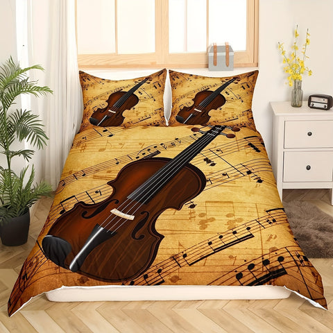 Sonicelife Violin Theme Duvet Cover Set Queen Size Music Notes Bedding Set 3pcs For Women Men Xmas Bedroom Decor Violin Music Lover Comfort