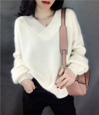 Women Sweater V-neck Plus Velvet Keep Warm Women's Long Sleeve Top Autumn Winter Korean Fashion Sweater Knitted Bottoming Shirt
