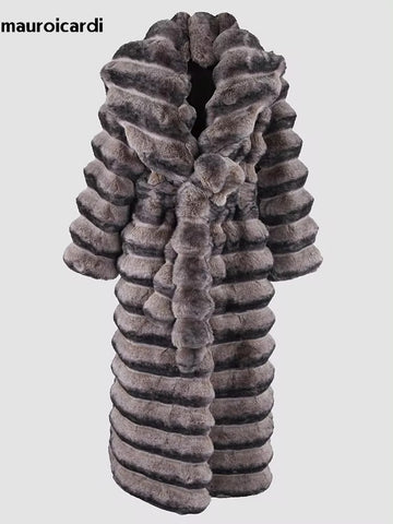 christmas outfit Sonicelife Winter Maxi Colorful Thick Warm Striped Soft Faux Chinchilla Fur Coat Women Elegant Luxury Chic Furry Overcoat 2025