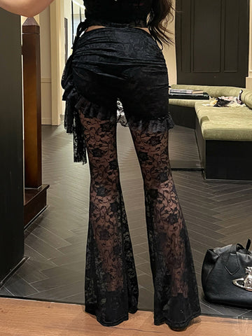 Sonicelife Gothic Dark Lace Pants Women Vintage Y2k Streetwear Emo Sexy See Through Velevt Patchwork High Waist Flare Pants Female