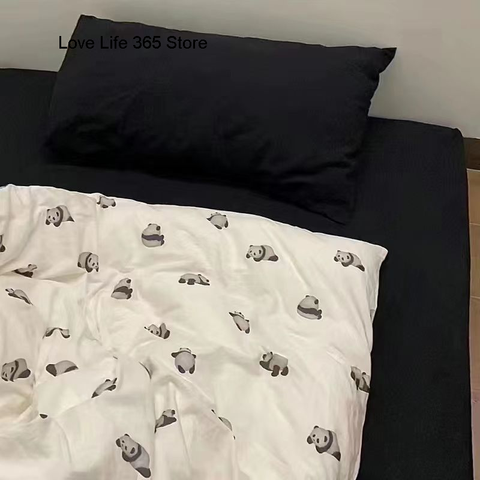 Sonicelife Black And White Panda Bedding Set Cute Cartooon Animals Soft Duvet Cover Solid Flat Sheet For Kids Girls Double Queen Full Size