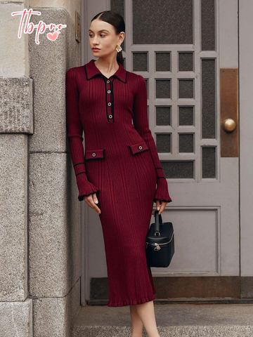 christmas outfit Sonicelife 2025 Fashion Burgundy Lapel Ruffles Knitted Midi Dress Women's Elegant Skinny Buttons Flare Sleeved Robe New Female Chic Vestido