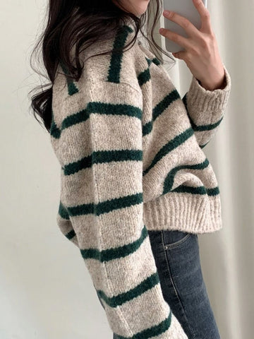 christmas outfit Sonicelife Large size Korean style lapel slimming contrast striped sweater women's winter long-sleeved loose pullover sweater y2k tops