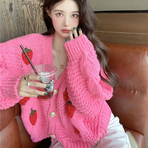 Sonicelife 3D Strawberry Sweet Cardigan Women Loose Long Sleeve Fashion Knitted Sweaters Korean Lazy Wind Casual Female Soft Cardigans