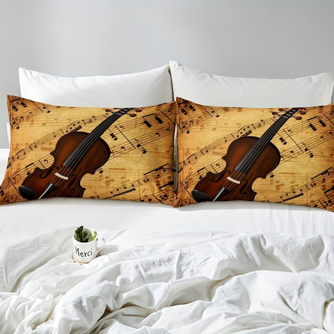 Sonicelife Violin Theme Duvet Cover Set Queen Size Music Notes Bedding Set 3pcs For Women Men Xmas Bedroom Decor Violin Music Lover Comfort