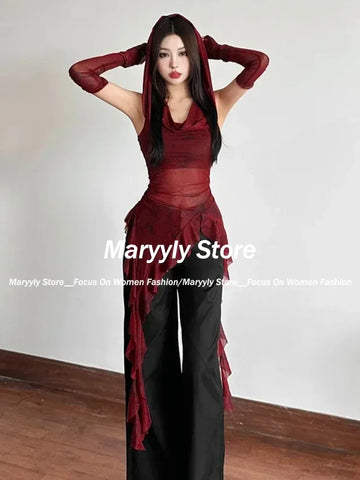 Sonicelife Y2K Vintage 90s Grunge Mesh See Through Hooded Tops Streetwear Irregular Hem Ruffles Hoodie Women Slim Blouse with Cuffs New