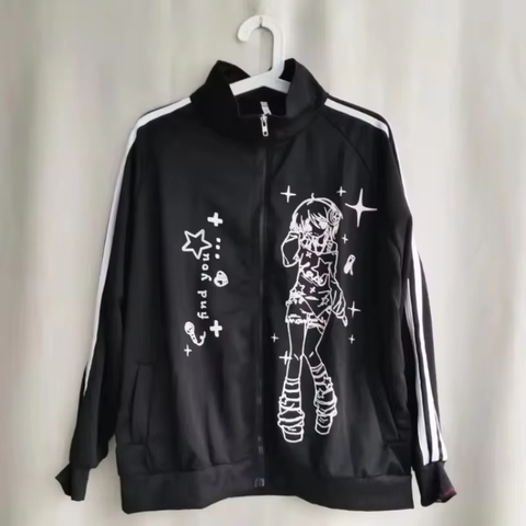 Sonicelife Japanese Y2k Aesthetic Cartoon Print Tshirts Women Turn Down Collar T-shirt Streetwear Slim Zipper  Bottoming Tee Shirts Femme