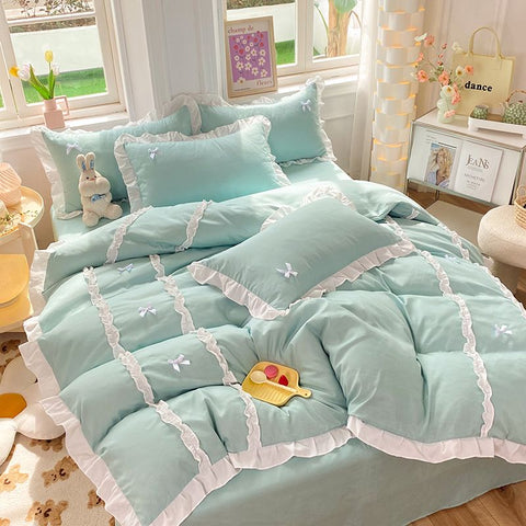 Sonicelife Kawaii Korean Bedding Sets No Filling Ins Princess Style Lace Bow Duvet Cover Fitted Sheet Girl Woman Home Bedroom Bed Linens