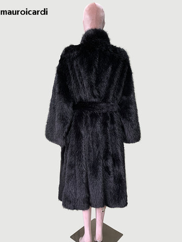 christmas outfit Sonicelife Winter Long Oversized Black Thick Warm Soft Shaggy Fluffy Faux Fox Fur Coat Women Sashes Loose Casual Furry Overcoat