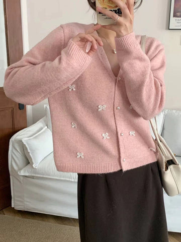 Sonicelife Bow Sweet Women Cardigan Sweaters Japan V Neck Elegant Knitted Coat Fashion Long Sleeve Loose Casual Cute Fall Female Tops