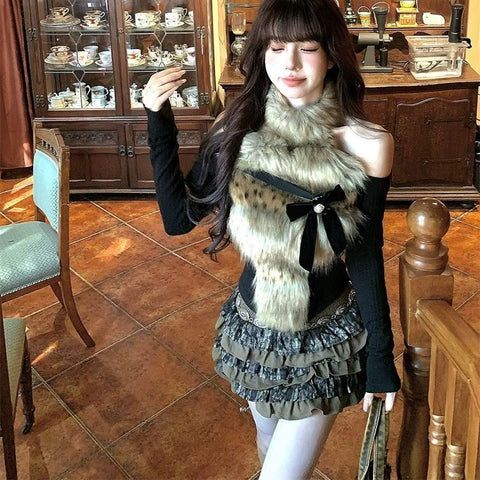 Sonicelife Autumn Winter Short Skirt Suit New Leopard Print Tops + High-Waisted Y2k Mini Cake Skirt Aesthetic Fashion Two Piece Set Woman