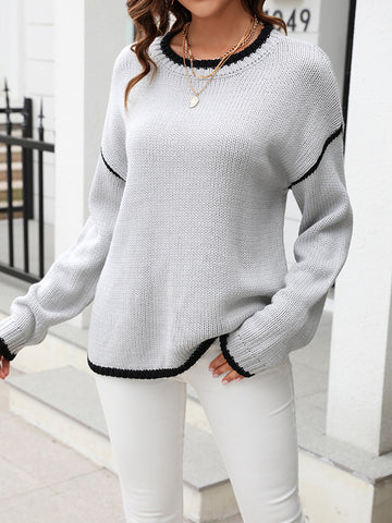 christmas outfit Sonicelife Long Sleeves Loose Contrast Color Split-Joint Round-Neck Pullovers Sweater Tops