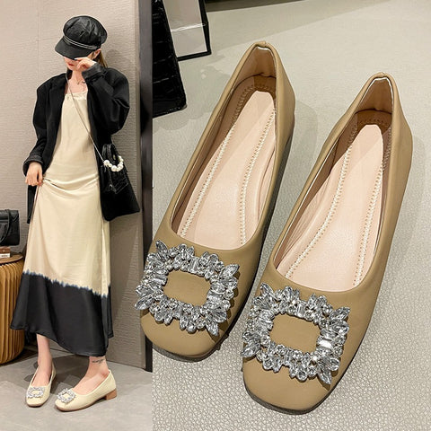 Sonicelife Flat-bottomed Square Diamond Shoes Women's Shoes 2025  Spring Yellow Sweet Black Retro Commuter Elegant Fashion Casual Shoes