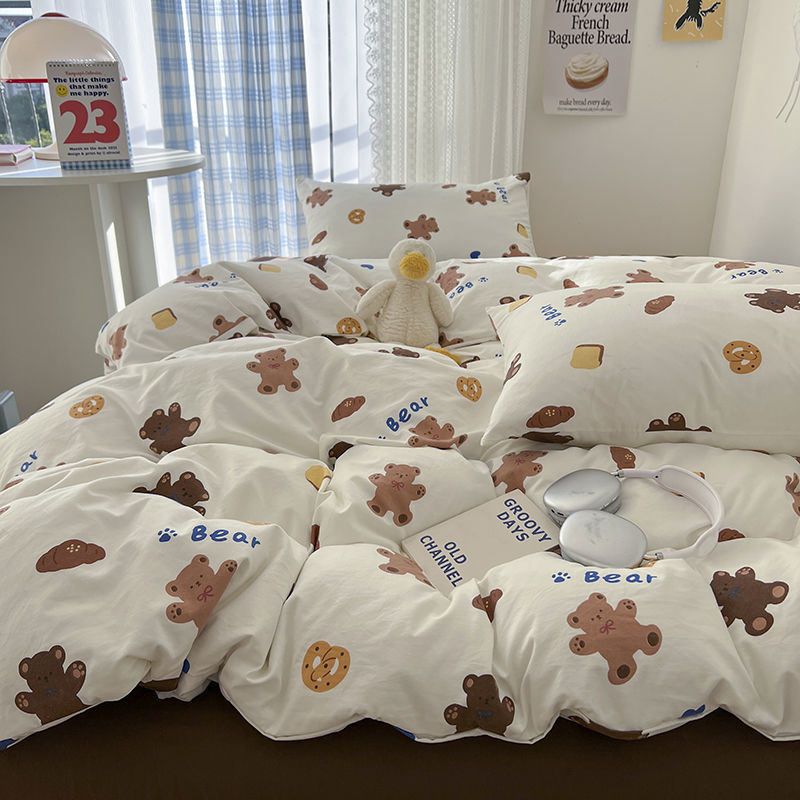 Sonicelife Ins Korean Cartoon Little Bear Cute Bedding Set Autumn Winter Polyester Bed Sheet Pillowcase Twin Full Queen Size Quilt Cover