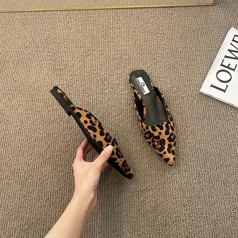 Sonicelife Women Slippers Pointed Toe Leopard Design Shallow Slip on Thin Low Heels Black Flock Design Casual Mules Loafers Black Outdoor