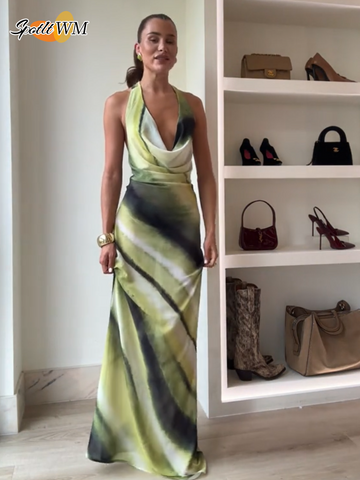 Sonicelife 2025 New Gradient Tie Dye Contrasting Halter Dress Women Open Back Sleeveless Maxi Robes Female High Street Party Long Dresses