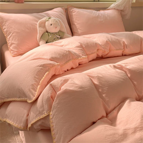 Sonicelife Ins Style Pink Solid Color Bedding Sheet Nordic Duvet Cover Set Hot Sale Home Luxury Bedding Set Bed Sheet Comfortable Bedspread