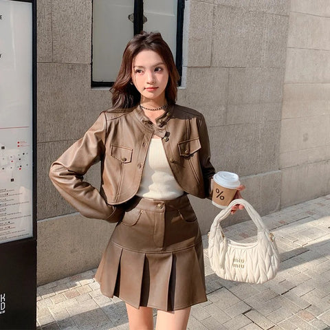 thanksgiving outfit Sonicelife Coffee Color PU Leather Jacket And Skirt Set 2024 New Women's Autumn Miu System Chic Pleated Skirt Loose 2-Piece Set