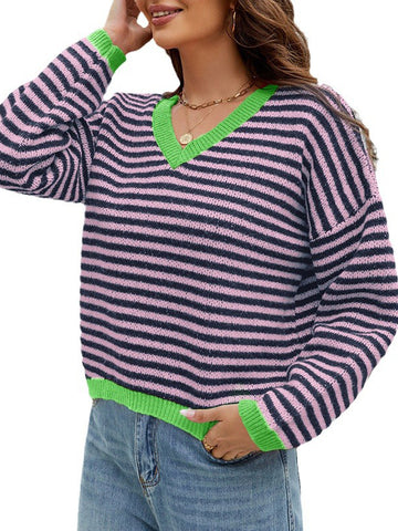 christmas outfit Sonicelife Long Sleeves Loose Contrast Color Jacquard Striped V-Neck Pullovers Sweater Tops