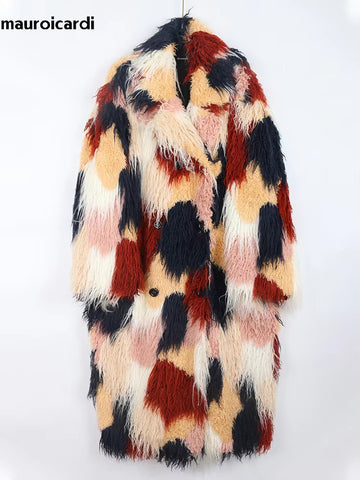 christmas outfit Sonicelife Winter Long Colorful Multicolored Oversized Hairy Shaggy Thick Warm Faux Fur Coat Women Bat Sleeved Fur Overcoat