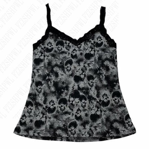 Sonicelife Vintage skull punk womens camisole tops Harajuku Y2K slim gothic rock grunge streetwear emo girls Casual sexy lace cute baby tee