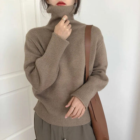 Black Friday Sonicelife Zoki Autumn Warm Turtle Neck Sweater Women Fashion Korean Solid Knitted Basic Pullovers Loose O Neck Long Sleeve Female Jumper