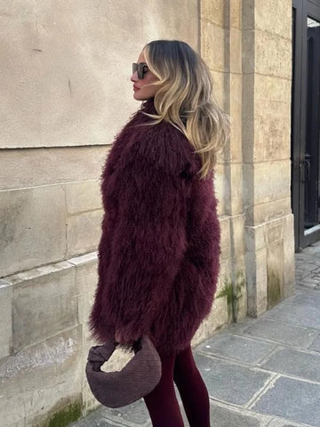 christmas outfit Sonicelife Women's Fashion Wine Red Furry Faux Fur Warm Coat 2024 New Thicken Fluffy Plush Loose Trendy Jacket Winter Chic Lady Outerwear