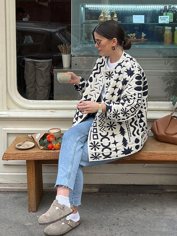 Sonicelife Chic Print Quilted Coat Women Loose O-neck Single-breasted Pocket Long Sleeve Female Jacket 2024 Autumn Lady High Street Outwear