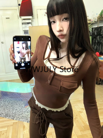 Sonicelife Korean Fashion Knitted Fake Two Tops Basic Slim Bodycon Sweater Blouse Outwear Design Long Sleeve Clothing 2025 Autumn Chic